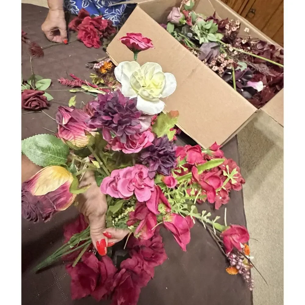 Large Lot / Box of Miscellaneous Artificial Silk Flowers - Burgundy Shades